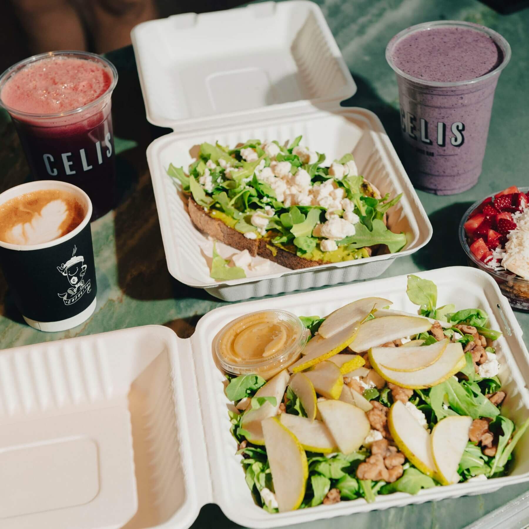two salads, two smoothies and coffee